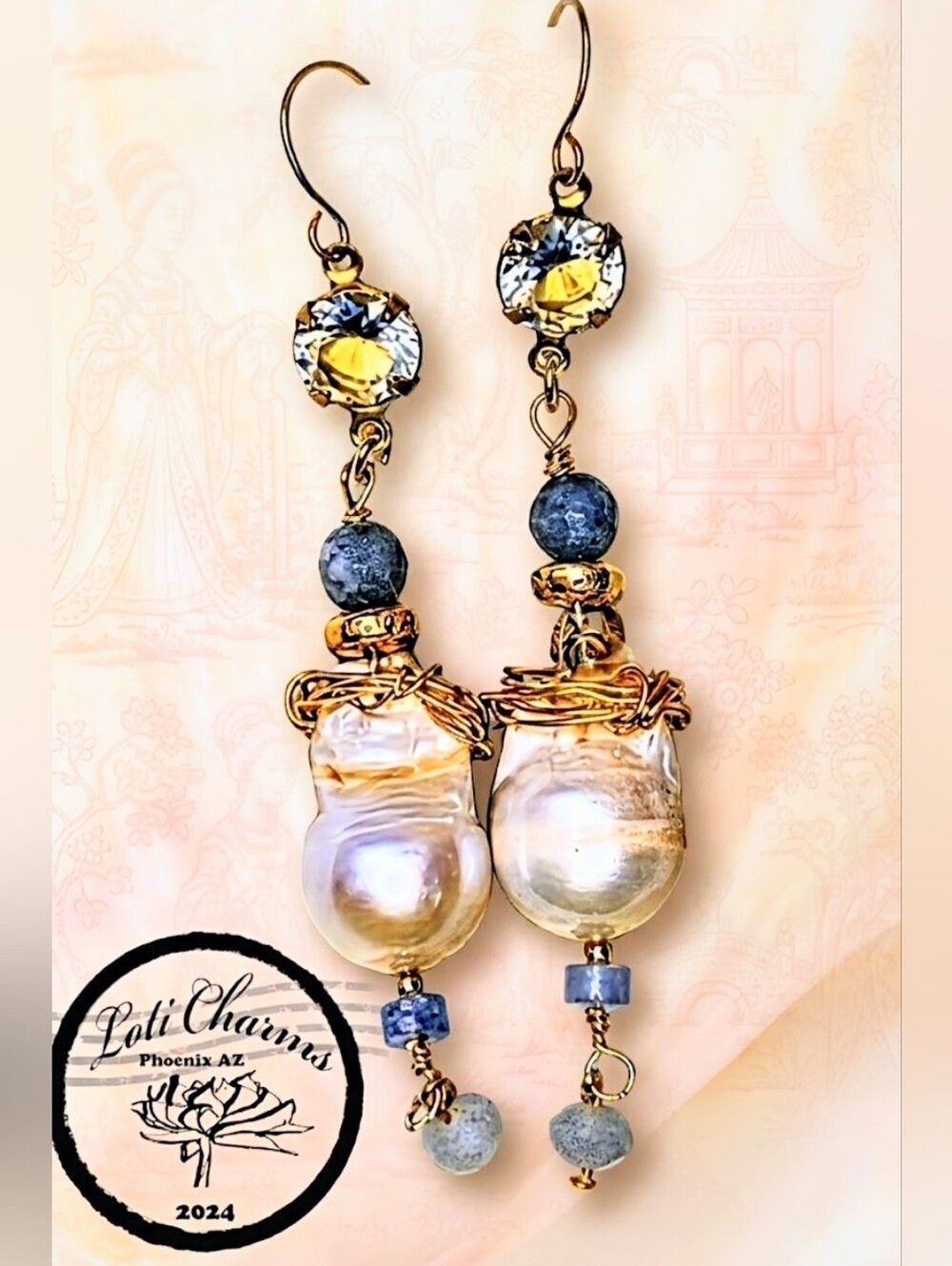 Genuine 3.5 Aquamarine In Long Gold Plated Earrings With Large Baroque Pearl